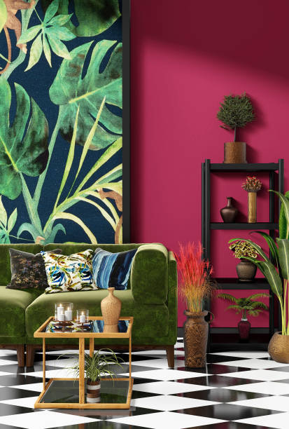 istock Beautiful Interior design with a jungle printed feature wall 1198725192