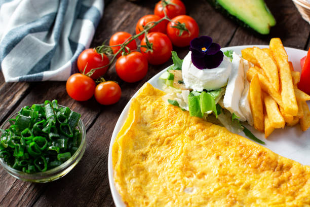 Omelette, dish made of beaten eggs served on the plate for breakfast or brunch
