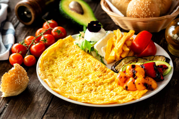 Yummy breakfast or brunch mostly made of omelette eggs