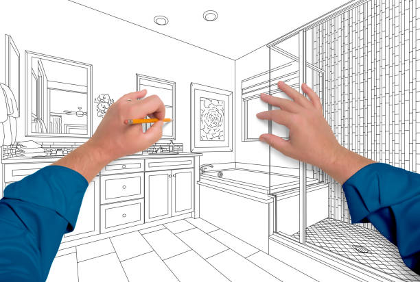 istock Male Hands Sketching Beautiful Custom Bathroom 1198734409