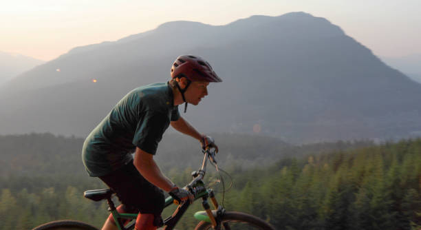 istock Mountain biker traverses path above mountains and valley 1198734412