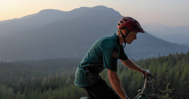 istock Mountain biker traverses path above mountains and valley 1198734711