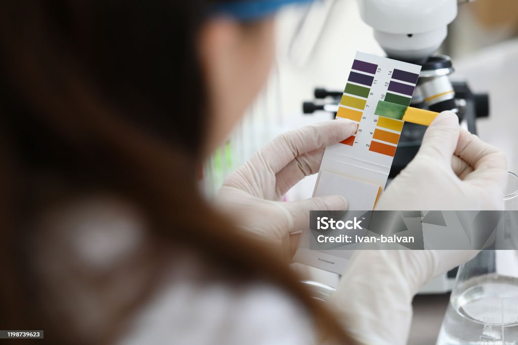 Female chemist holding litmus paper in hands Female chemist holding litmus paper in hands. Analyzes ph test in a chemical laboratory. Chemistry industry education concept pH value Stock Photo