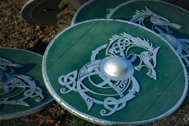 Viking shields in a field. These green viking shields were staged with gear beside a reenactment. live action role playing photos stock pictures, royalty-free photos & images