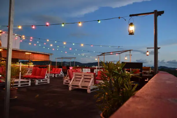 Photo shot of rooftop restaurant in with the night view