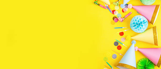 istock Birthday background, top view. Flat lay style. Mockup, template with copy space. Horizontal long banner for web design 1198744871