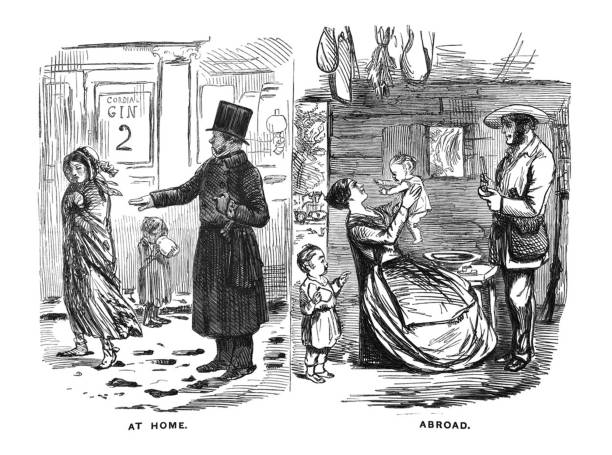 British satire comic cartoon caricatures illustrations - Woman as she is walking the street past a wealthy man and how she is at home with her family From Punch's Almanack winter wonderland london stock illustrations