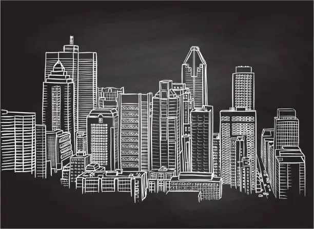 Vector illustration of Tall Buildings Urban Landscape Chalkboard