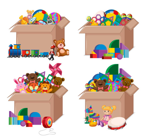 istock Set of boxes full of toys on white background 1198755071