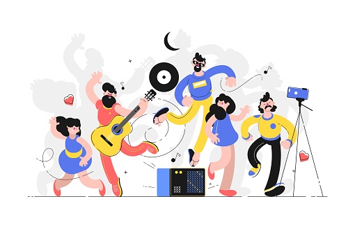 People fun to dance together vector illustration. Men and women playing guitar and dancing. Friends enjoying funny song flat style design. Party and unbridled joy concept