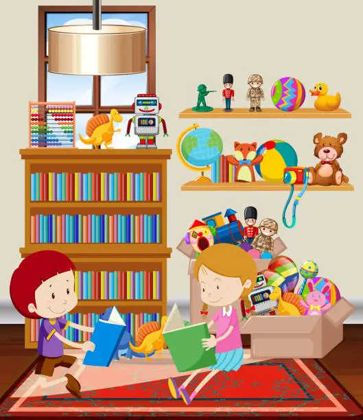 Vector illustration of Scene with two kids reding book in the room