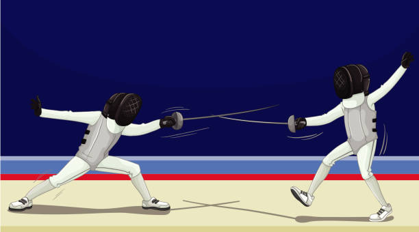 istock Scene with people fencing in the room 1198757512