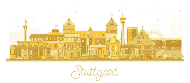 stuttgart deutschland stadt skyline silhouette mit goldenen gebäuden isoliert auf weiß. - stuttgart stock-grafiken, -clipart, -cartoons und -symbole