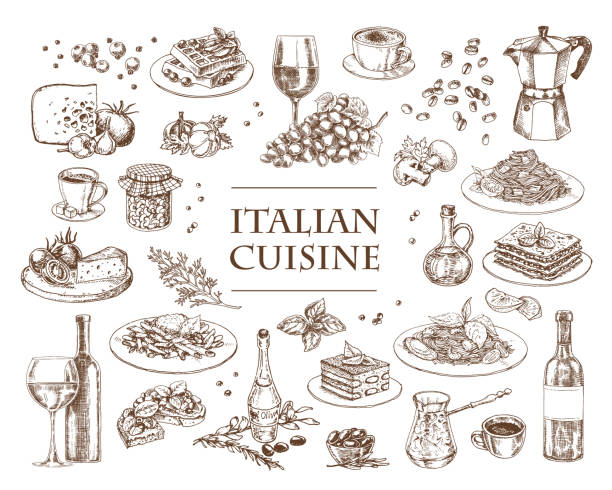 ilustraciones, imágenes clip art, dibujos animados e iconos de stock de ilustración vectorial de la cocina italiana. conjunto de platos tradicionales italianos - cena ilustraciones