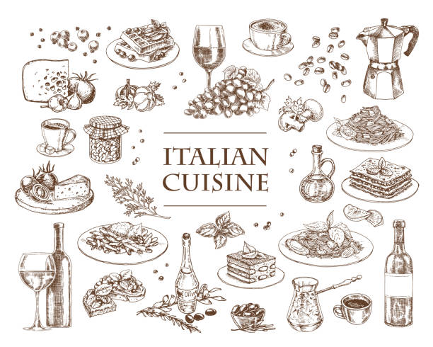 Italian Cuisine vector illustration. Set of traditional italian dishes Italian Cuisine vector illustration. Set of traditional italian dishes. Food menu design template. Vintage hand drawn sketch. Engraved image italian food stock illustrations