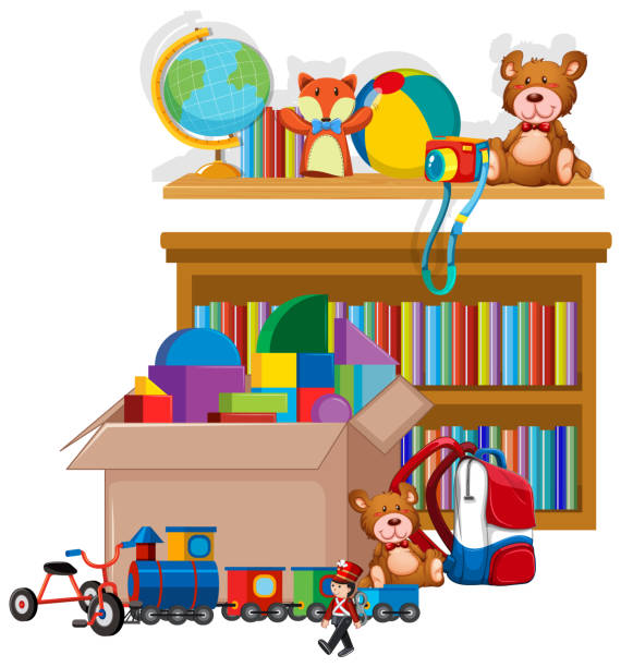 istock Shelf and box full of toys on white background 1198762236