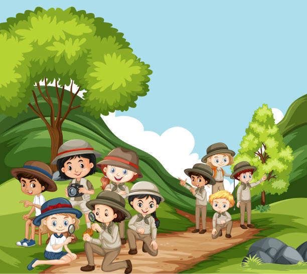 сцена со многими детьми в парке - boyhood stock illustrations