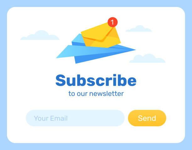 500x500-Material-Palette Subscribe Now For Our Newsletter. Flat Style Vector Illustration UI UX Design with Text Box and Subscribe Button Template. Plane with mail. newsletter stock illustrations