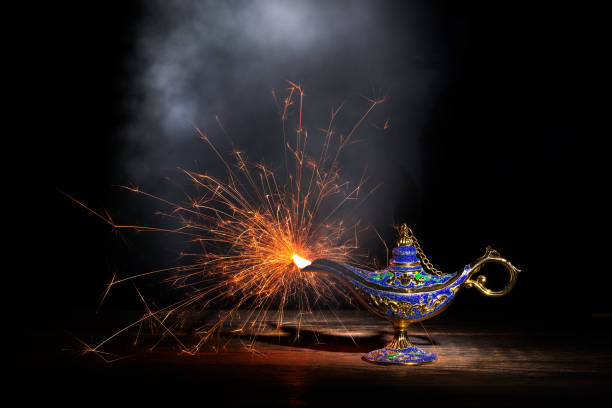 istock Vintage lamp of Aladdin on black background 1198768949