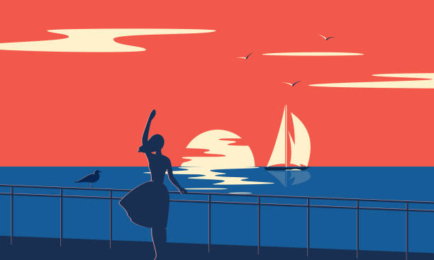 Girl by sea Evening seascape with sailboat. Girl by the sea at sunset. sailing background stock illustrations