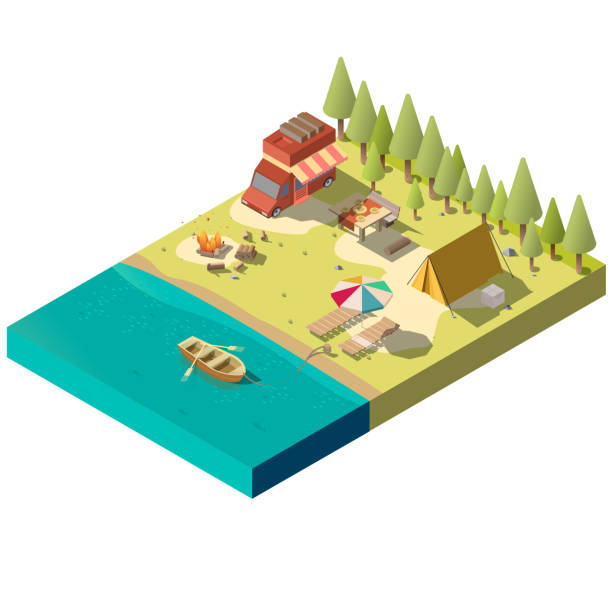 ilustraciones, imágenes clip art, dibujos animados e iconos de stock de parcela de camping en vector isométrico de la orilla del río - outdoors tent tourism animals in the wild