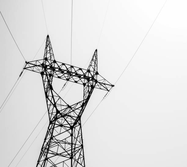 istock Isolated high voltage electricity transmission tower with clear bright white sky background 1198780056