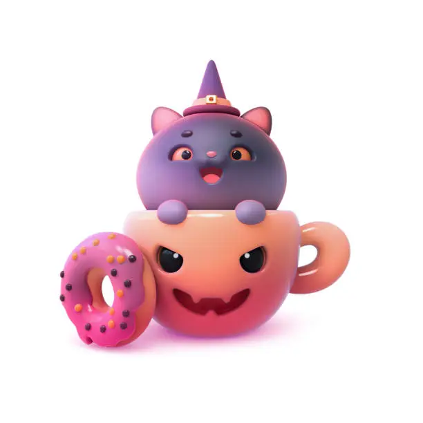 Photo of 3d digital illustration of kawaii smiling cat in Jack-O-Lantern cup with a scary face and purple donut isolated on white background