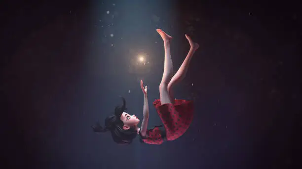 Photo of 3d illustration of a girl in a retro dress falling down in deep space with stars