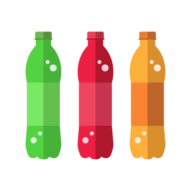 ilustraciones, imágenes clip art, dibujos animados e iconos de stock de conjunto de botella colorida botella de refresco icono plano en el vector de ilustración de fondo blanco - soda