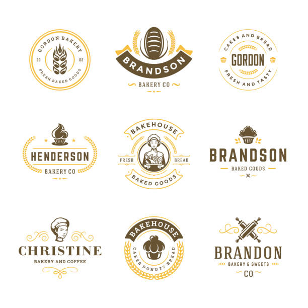 логотипы хлебобулочных изделий и шаблоны дизайна значков устанавливают векторную иллюстрацию - pattern design sign cafe stock illustrations