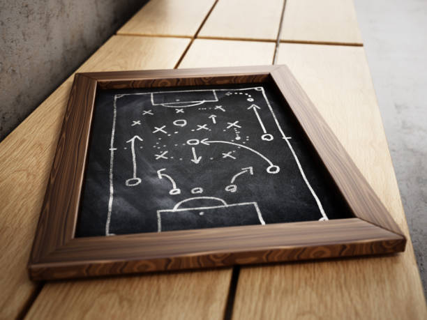 istock Blackboard with soccer strategy plan standing on the bench of dressing room 1198790036