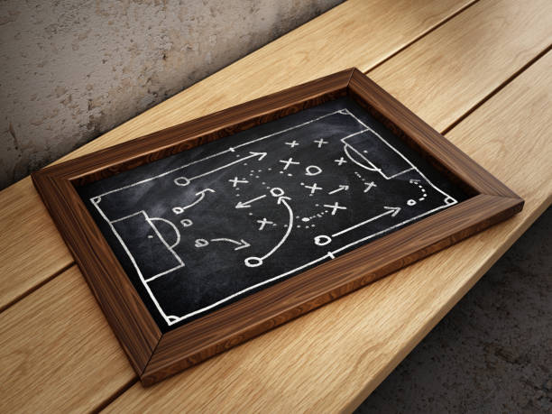 istock Blackboard with soccer strategy plan standing on the bench of dressing room 1198790097
