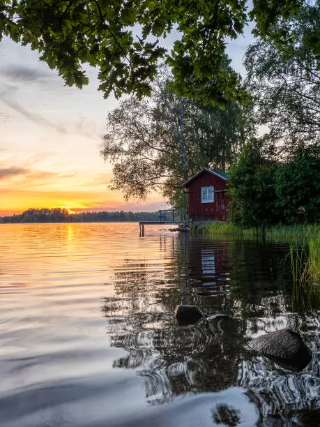 Image of Lakeside Sunset with trees, scandinavian wooden house and blue sky