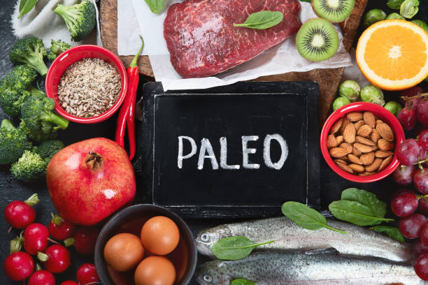 istock Various Paleo diet products on black background. 1198790937