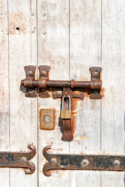 istock Lock and padlock on old door 1198791888
