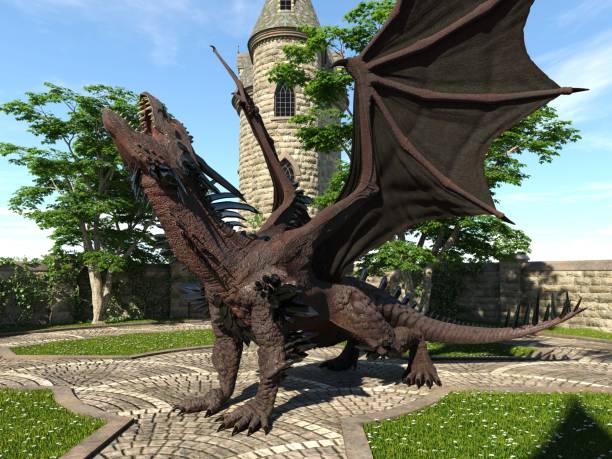istock Fantasy Dragon and Medieval Tower 3D Illustration 1198791902