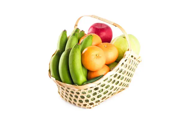 fresh fruits wickerbasket healthy eating dieting on white background fruit health food isolated