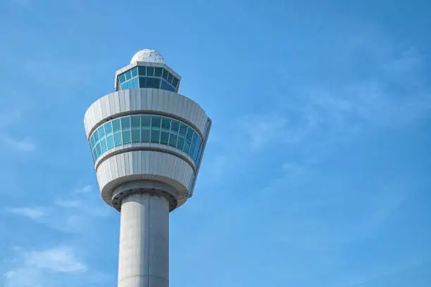 Airport control tower in the Netherland's morning light.