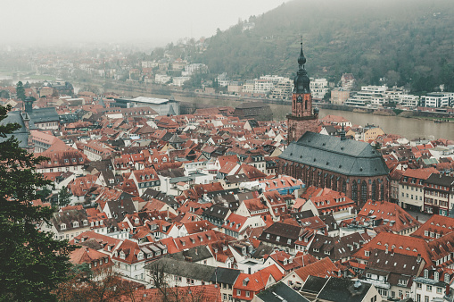 Historical center of Heidelberg from the air with a huge cathedral in the middle