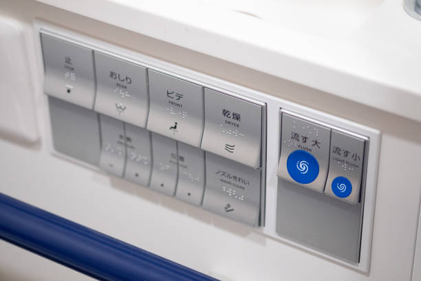 Control panel of a hygienic and high technology of the toilet bowl automatic modern flush toilet in Japan Control panel of a hygienic and high technology of the toilet bowl automatic modern flush toilet in Japan japanese toilet stock pictures, royalty-free photos & images