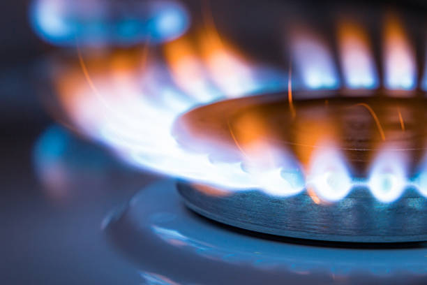 flachao fogão da cozinha do gás natural. a flama vermelha e azul fecha-se acima - blue gas flame - fotografias e filmes do acervo