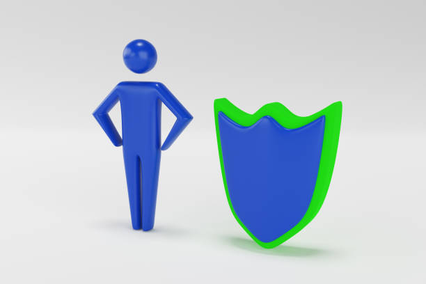 3d man businessman holds green shield. Insurance, protection from dangers concept. 3d rendering