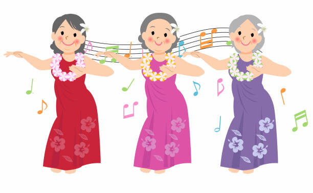 Hawaiian woman dancing hula Hawaiian woman dancing hula grass skirt stock illustrations