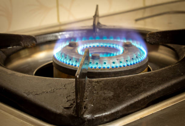 vista de las llamas azules en el quemador de la estufa de gas - blue flame natural gas fireplace fotografías e imágenes de stock
