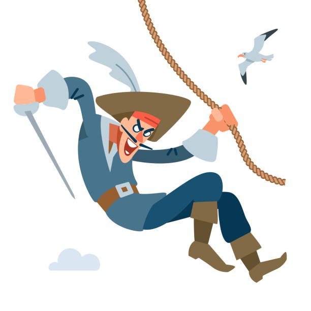 istock The character is a Pirate captain. Pirate attacks from above hanging on the rope. Vector cartoon illustration flat.. 1198801881