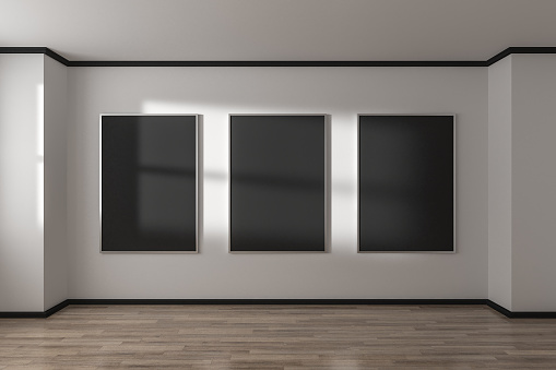 Empty concrete gallery interior with black banner on wall and sunlight. Mock up, 3D Rendering