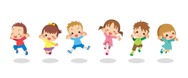 Jumping children Illustration of cute kids are jumping in spring. childhood illustrations stock illustrations