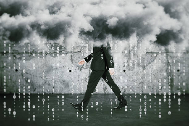 istock Big data cocnept with walking man under clouds and numbers rain. 1198812520