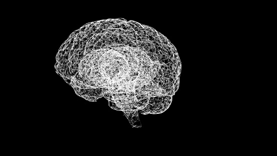Abstract white model of human brain on black background.