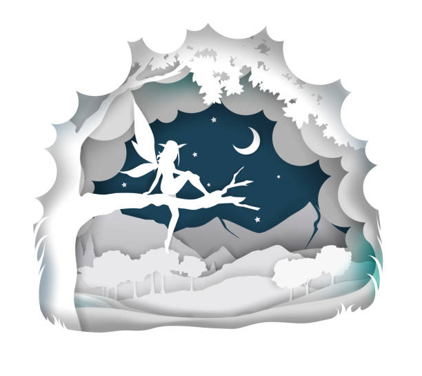 Cute fairy, vector illustration in paper art style Vector layered paper cut craft style fairytale composition of cute magical fairy silhouette sitting on tree branch, night starry sky. elf sitting stock illustrations